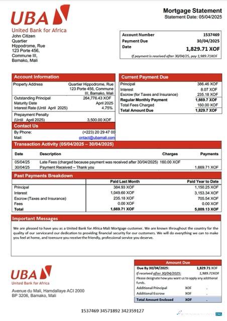 Download Mali United Bank for Africa Mali mortgage statement Word and PDF template Photoshop template